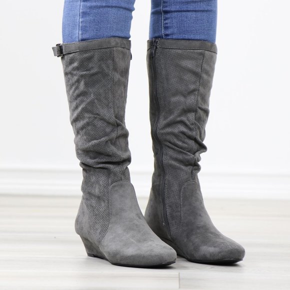 Grey Faux Suede Round Toe Low Kitten Wedge Heel Mid Calf Boots - Picture 2 of 12